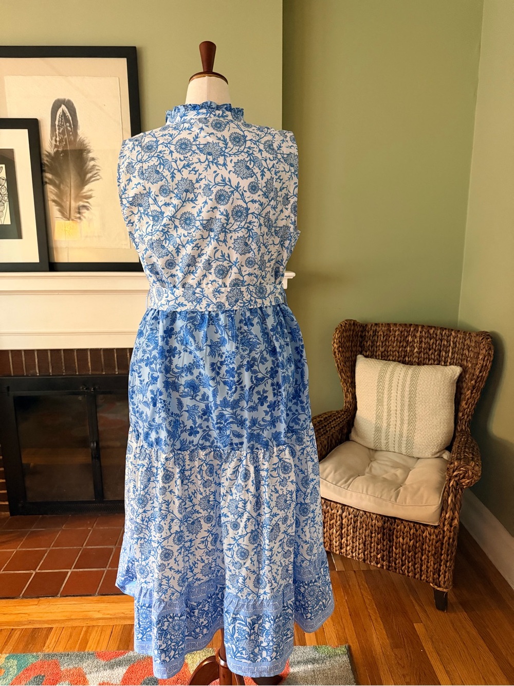 CeCe Blue & White Floral Tiered Cotton Belted Full Button-Front Midi Dress - XL - Picture 6 of 11